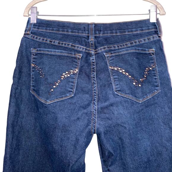 NYDJ Sequin Pockets Straight Leg Dark Wash Blue Jeans Lift Tuck Womens Size 8 - Picture 1 of 16